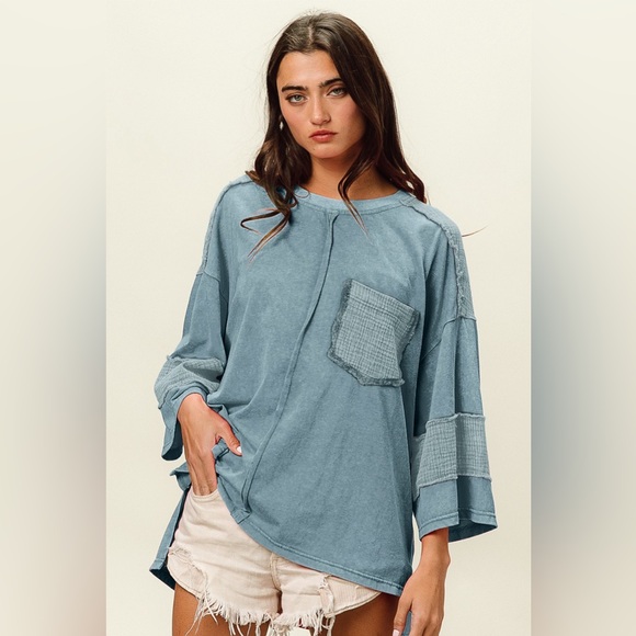 BiBi Vintage Washed Gathered Sleeve Oversized Shirt